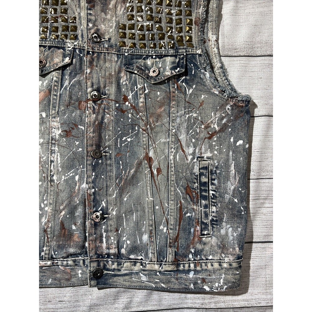 Y2k Ecko Unlimited Trucker Denim Vest Moto 90s Paint Splatter Grunge - Picture 3 of 11